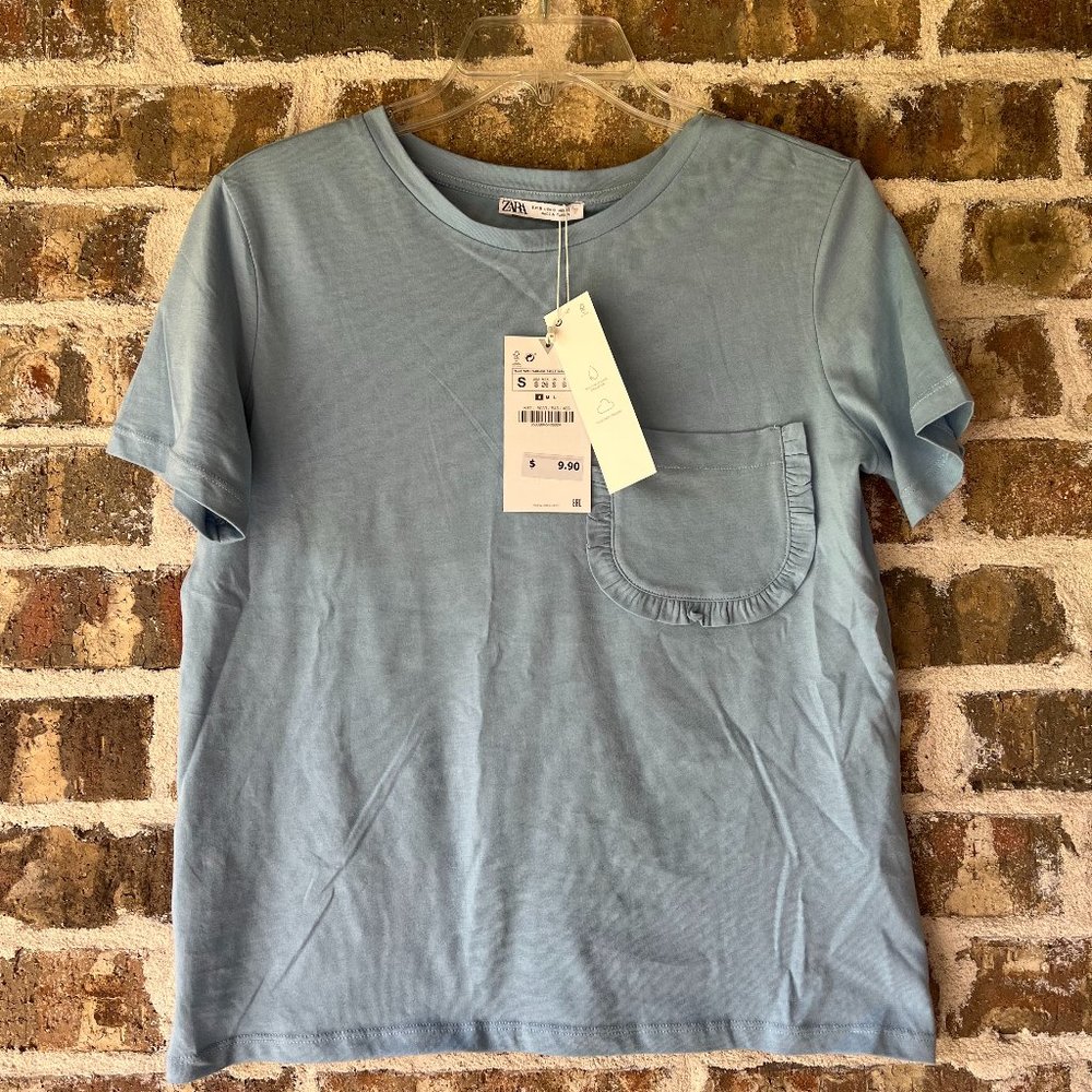 Zara Blue Tee with ruffled pocket